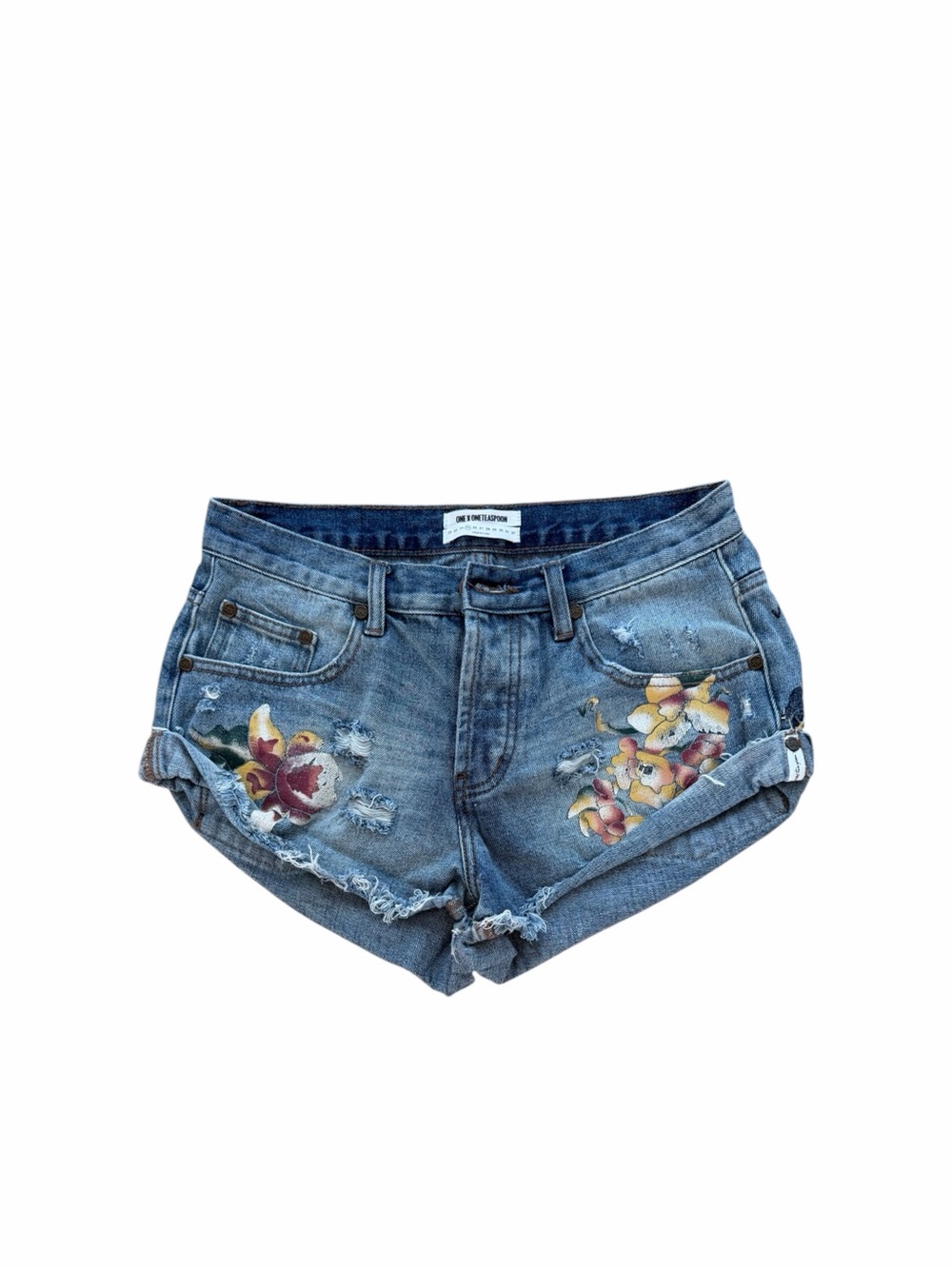 One Teaspoon Blue Denim Floral Embroidered Distressed Shorts size 25